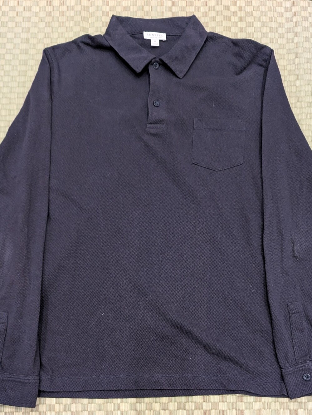 Sunspel Long Sleeve Pique Polo Cotton Black Men's Size Medium Made in Portugal
